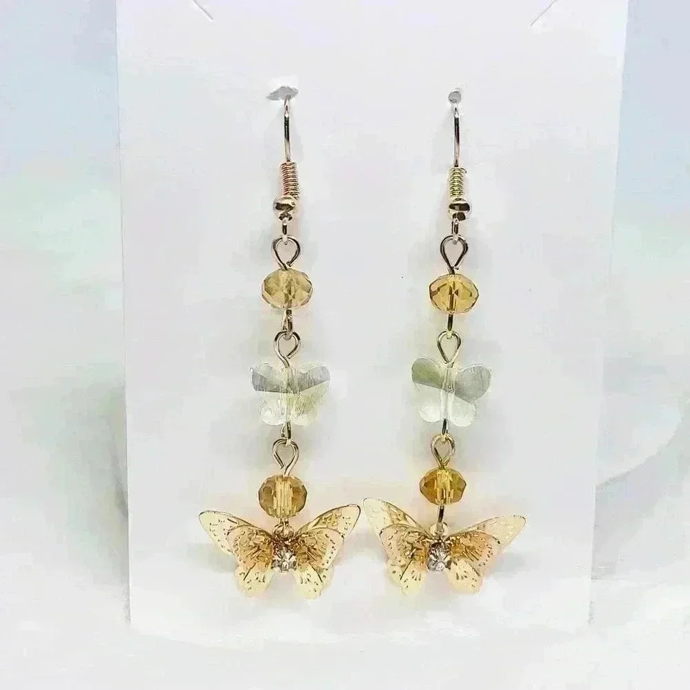 Butterfly Charm Drop Earrings in Yellow Gold